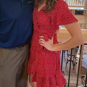 Naggoo Women's Wrap V Neck Polka Dot Print Ruffle Short Sleeve Dress